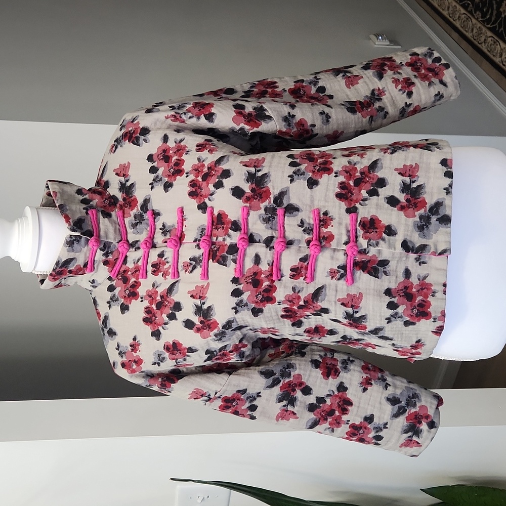 Vintage Chinese Jacket Frog Button Mandarin Collar Floral Blouse Tang Top XL